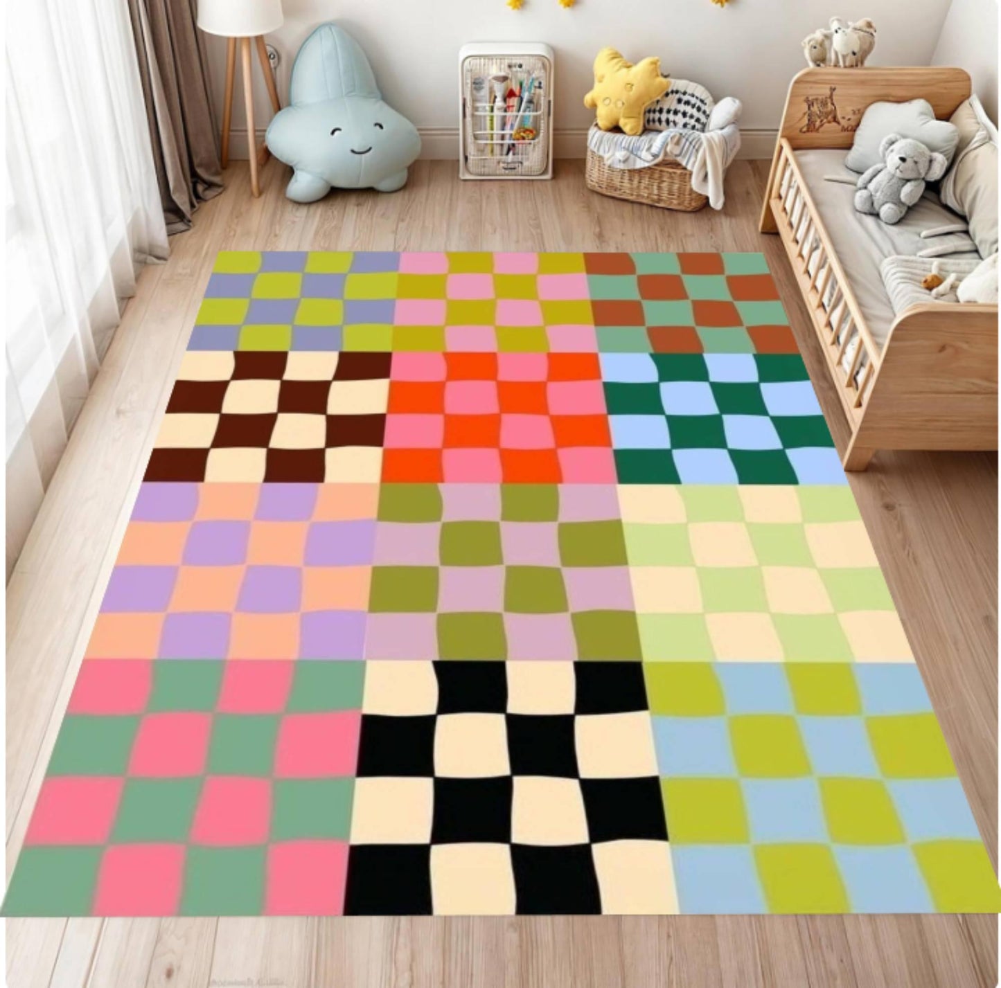 Colorful checkered rug on a wooden floor in a child's room with toys and furniture.