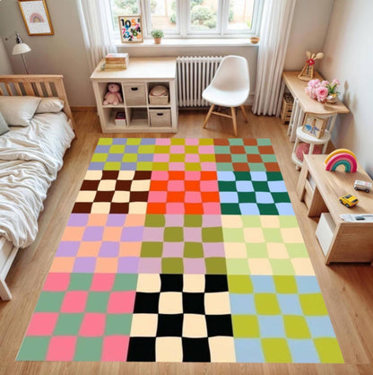 Colorful Checkerboard Rug Modern Abstract Rug Retro Patchwork Floor Decor