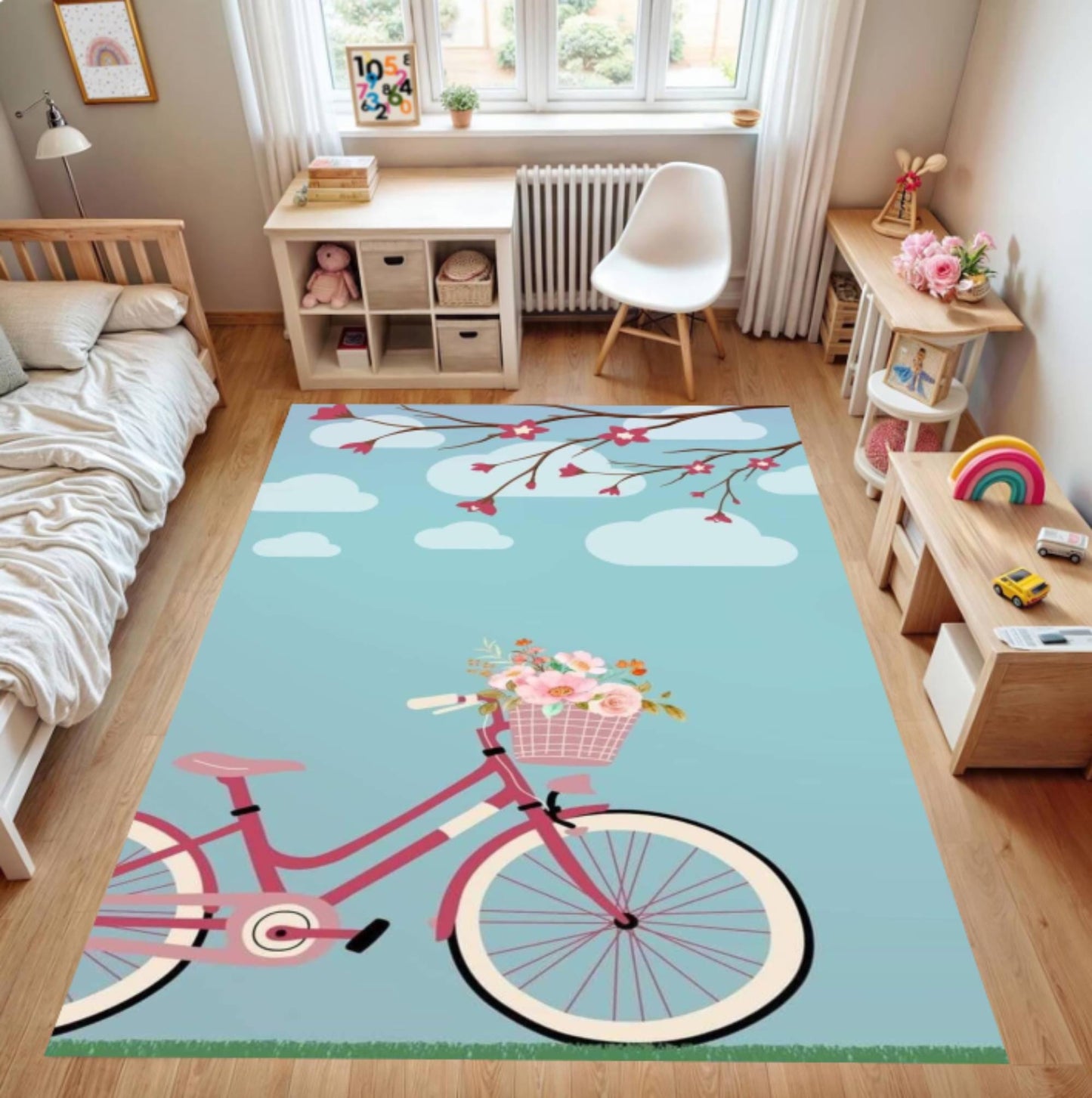 Pink Bicycle Floral Kids Room Rug Bicycle