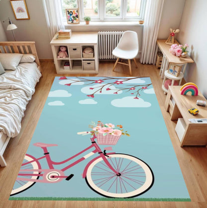 Pink Bicycle Floral Kids Room Rug Bicycle