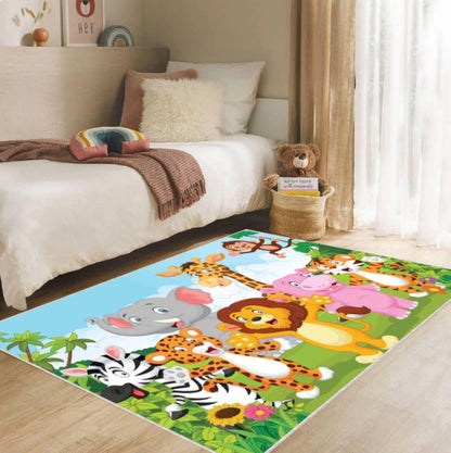 Jungle Animals rug, Kids Area Rug, Cute Safari Nursery Carpet, Washable rug, Non Slip Playroom Rug, Baby Room Decor, Soft Kids Floor Mat