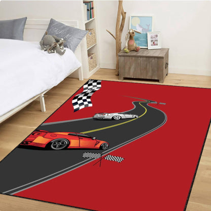 Red Race Car Kids Rug | Washable Non-Slip Playroom Carpet