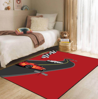 Red Race Car Kids Rug | Washable Non-Slip Playroom Carpet