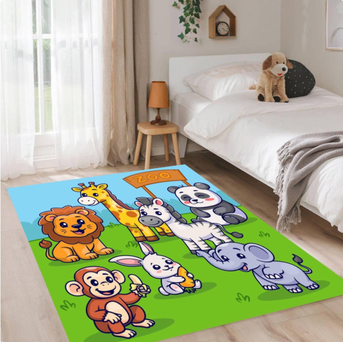 Cute Zoo Animals Kids Rug - Safari Cartoon Playroom Floor Mat