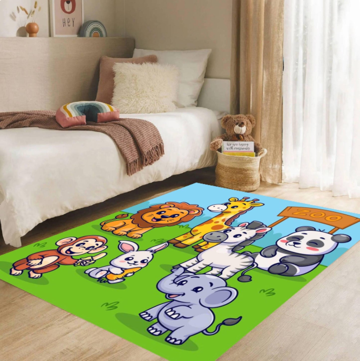 Cute Zoo Animals Kids Rug - Safari Cartoon Playroom Floor Mat
