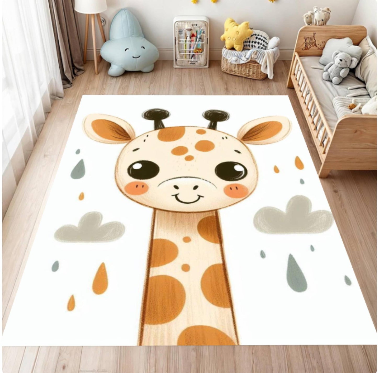 Children's room with a cartoon giraffe rug on the floor.