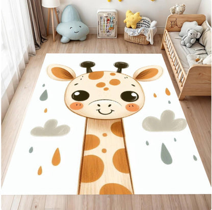 Children's room with a cartoon giraffe rug on the floor.