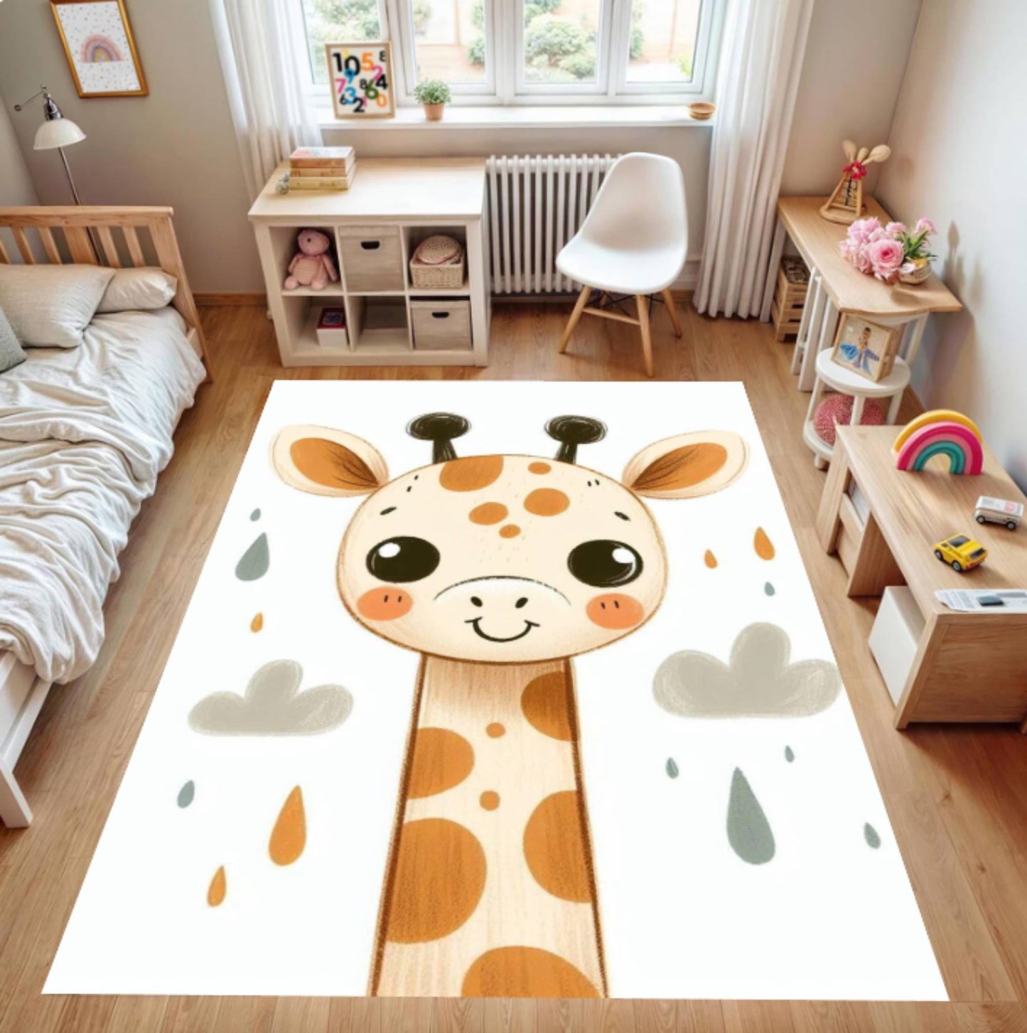 Cute Giraffe Kids Room Rug Neutral Safari Nursery Rug