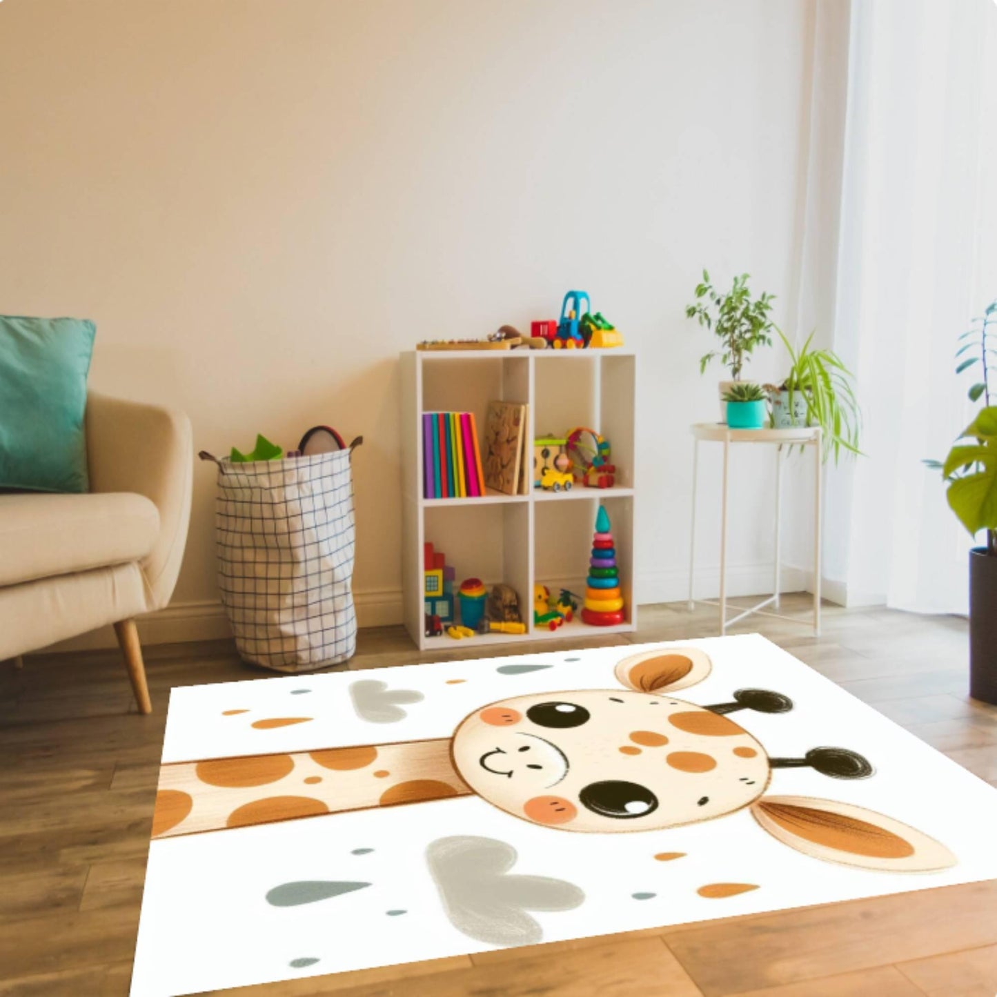 Cute Giraffe Kids Room Rug Neutral Safari Nursery Rug