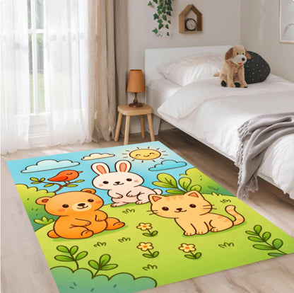Cute Animal Kids Rug, Nursery Playroom Carpet, Bear Bunny Cat Design, Washable Area Rug, Non Slip Floor Mat, Toddler Room Decor