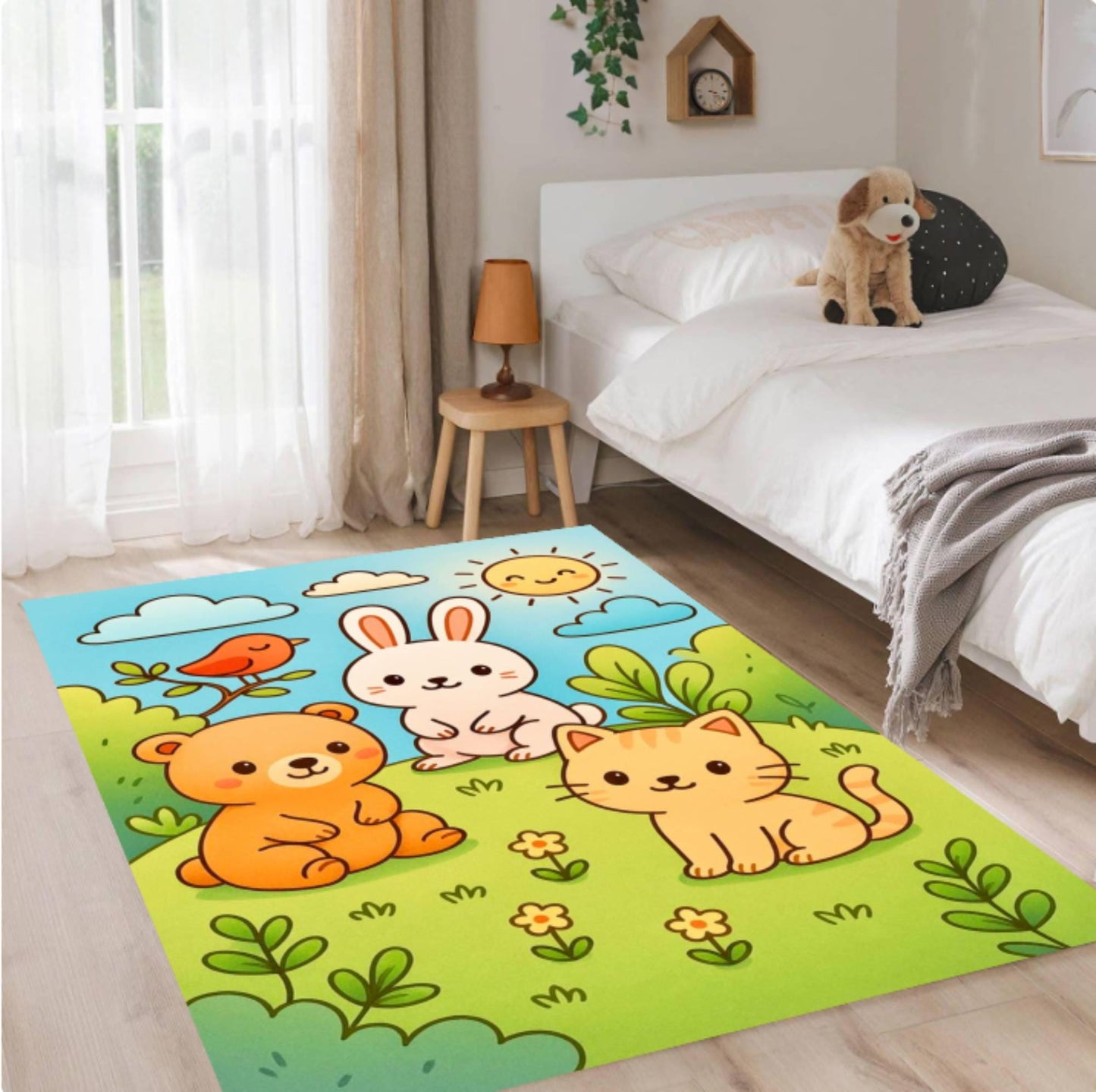 Cute Animals Rug Playroom Nursery Design Bear Rabbit Washable Rug