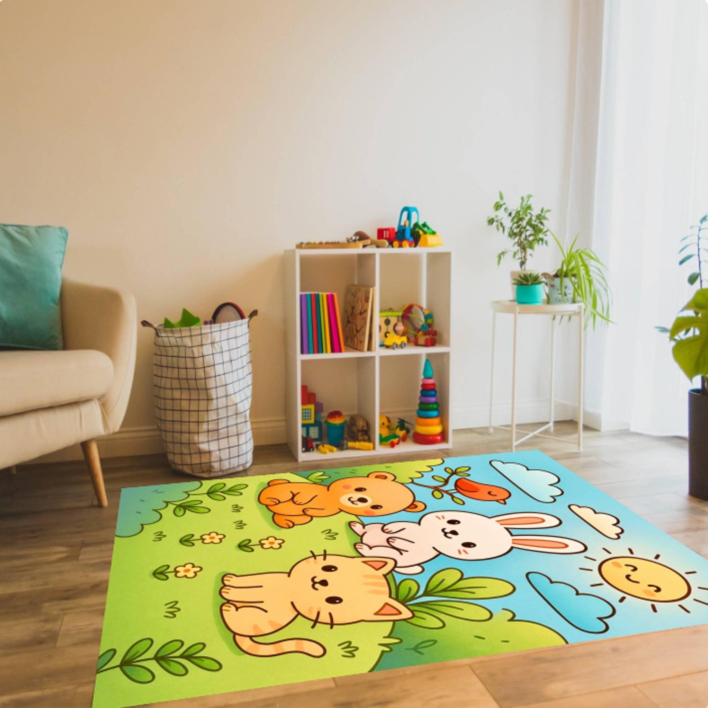 Cute Animals Rug Playroom Nursery Design Bear Rabbit Washable Rug