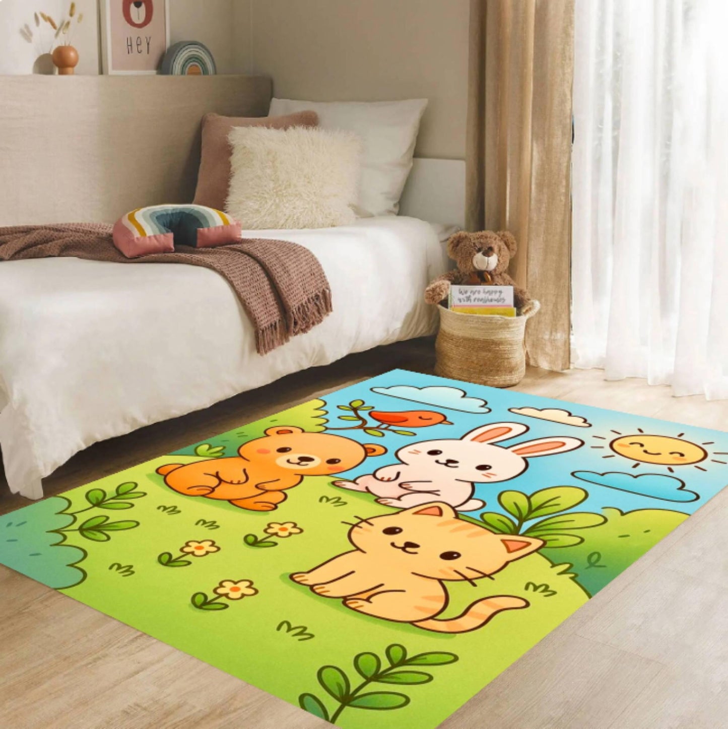 Cute Animals Rug Playroom Nursery Design Bear Rabbit Washable Rug