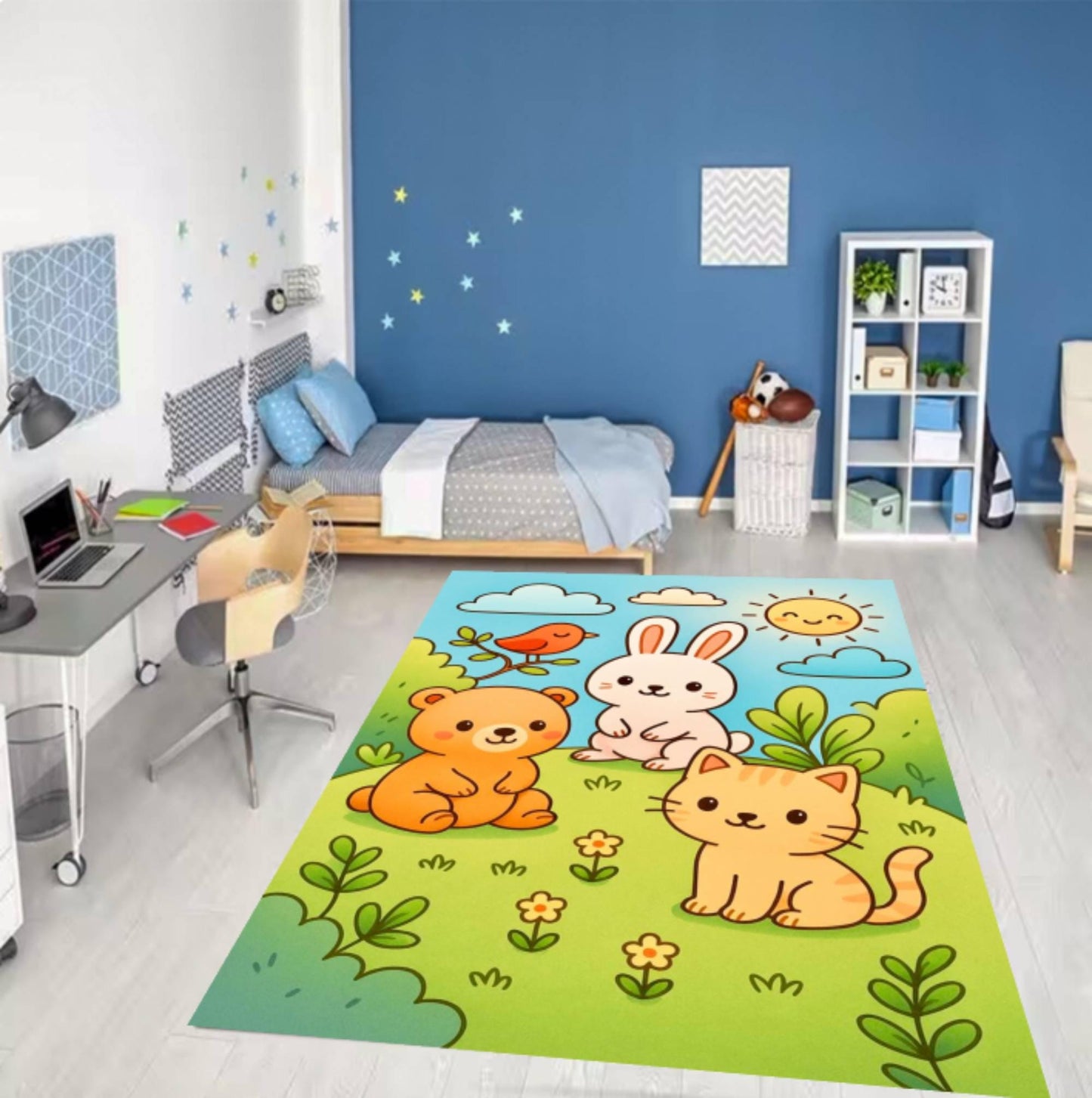 Cute Animals Rug Playroom Nursery Design Bear Rabbit Washable Rug