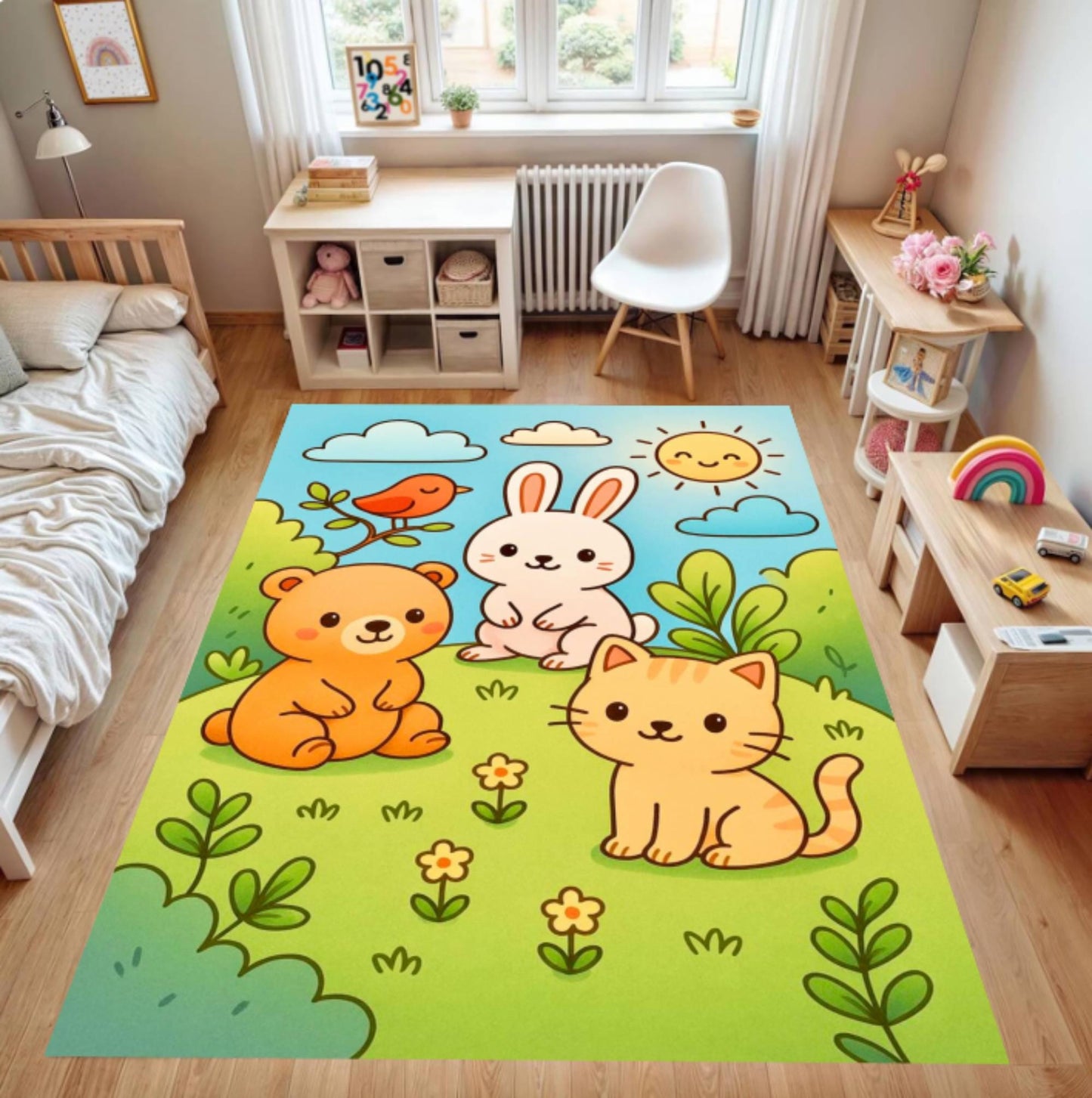 Cute Animals Rug Playroom Nursery Design Bear Rabbit Washable Rug