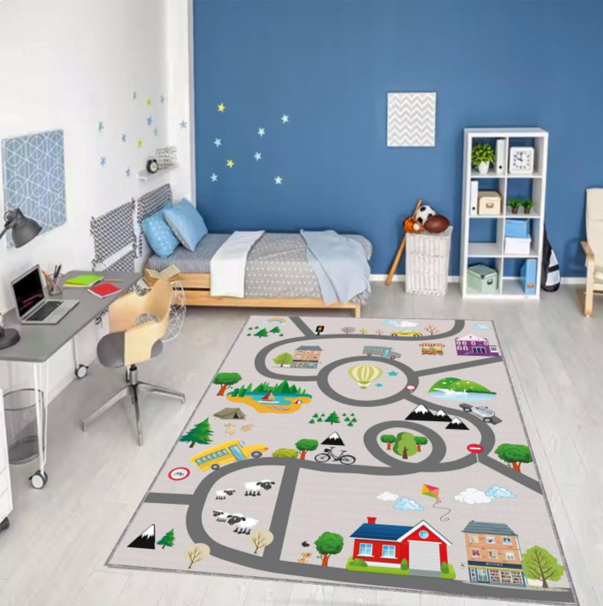 Kids Road Map Play Rug, City Traffic Playmat Carpet, Washable rug,Non Slip Kids Area Rug, Playroom Nursery Floor Mat, Toddler Car Play Decor