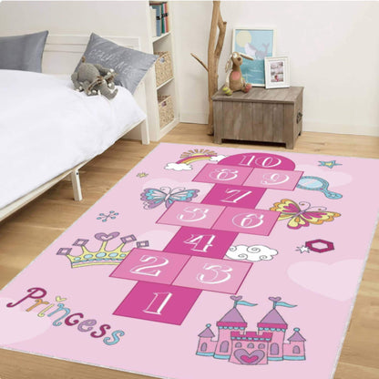 Pink Princess Hopscotch Kids Area Rug – Girls Play Mat Washable Non-Slip