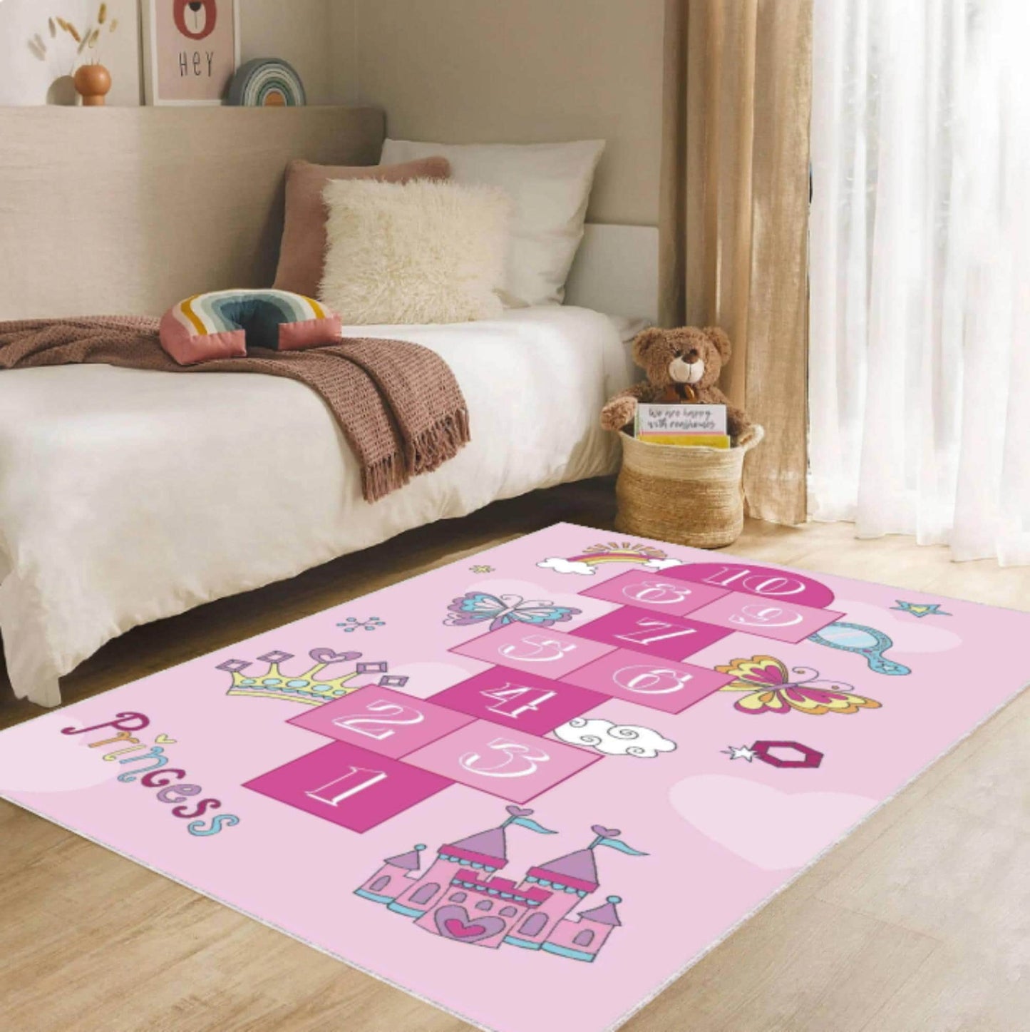 Pink Princess Hopscotch Kids Area Rug – Girls Play Mat Washable Non-Slip