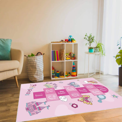 Pink Princess Hopscotch Kids Area Rug – Girls Play Mat Washable Non-Slip