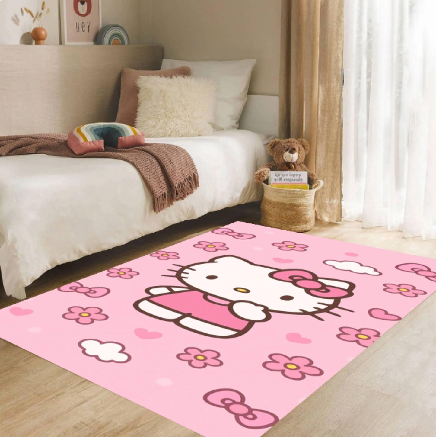 Cute Pink Kitten Kawaii Cartoon Nursery Rug