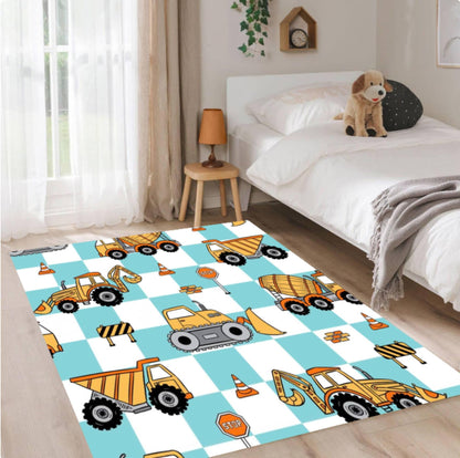 Construction Vehicles Kids Rug - Truck, Tractor & Excavator Playroom Decor Rug