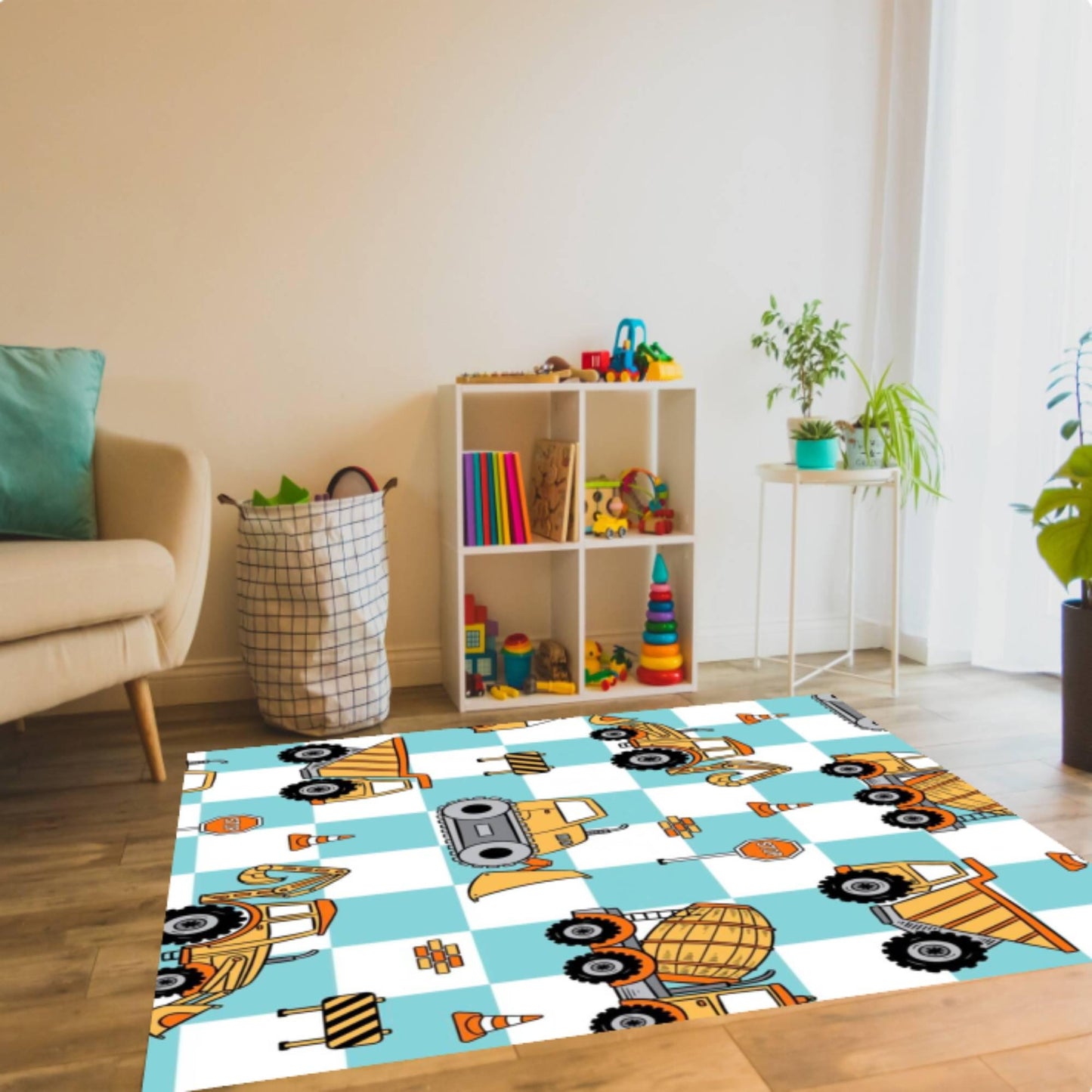 Construction Vehicles Kids Rug - Truck, Tractor & Excavator Playroom Decor Rug