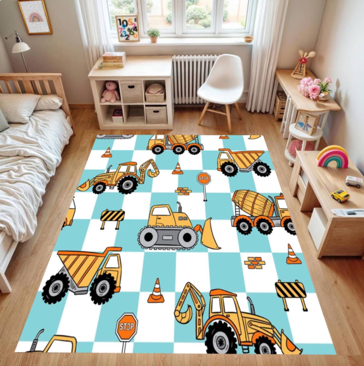 Construction Vehicles Kids Rug - Truck, Tractor & Excavator Playroom Decor Rug