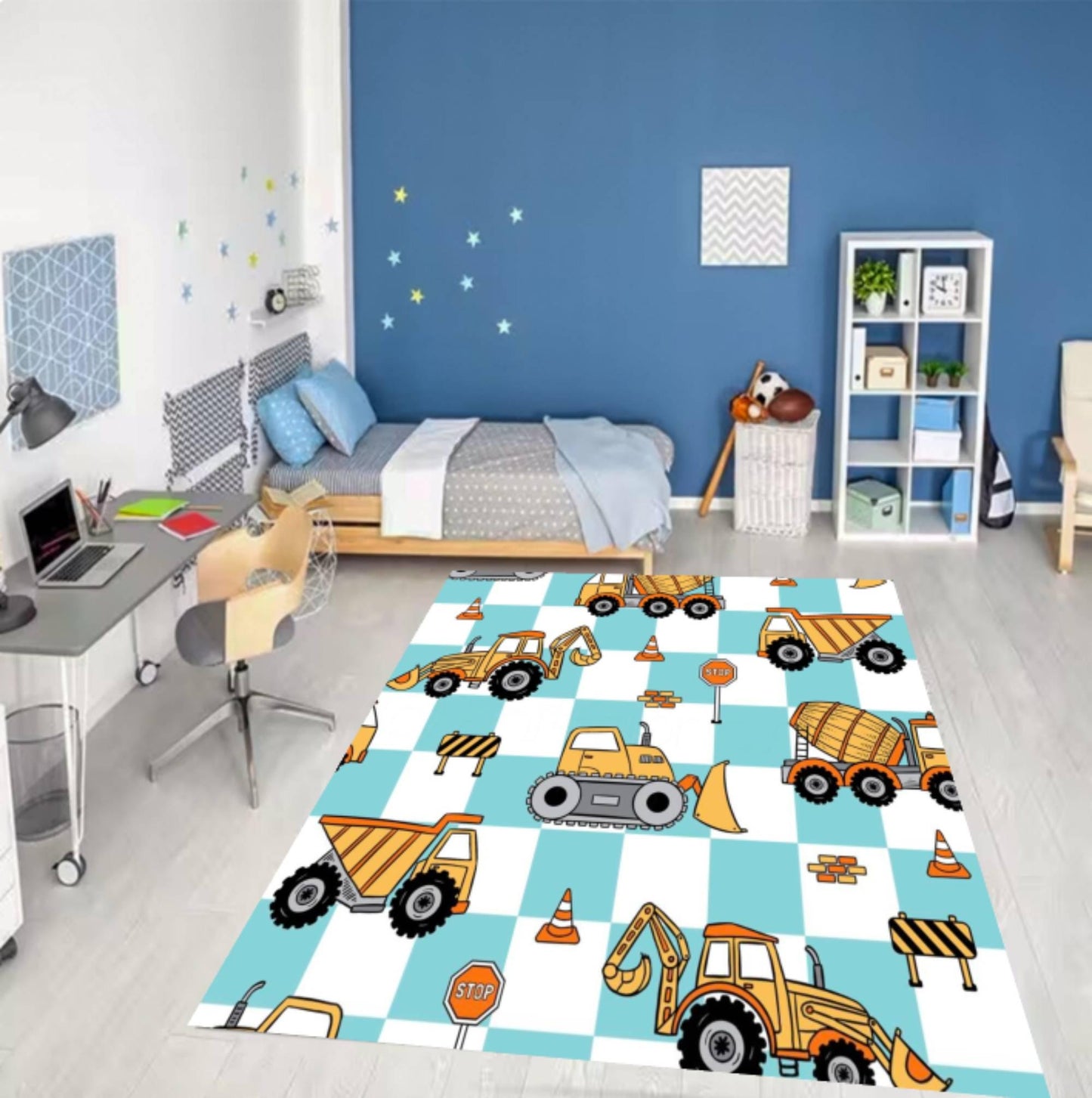 Construction Vehicles Kids Rug - Truck, Tractor & Excavator Playroom Decor Rug