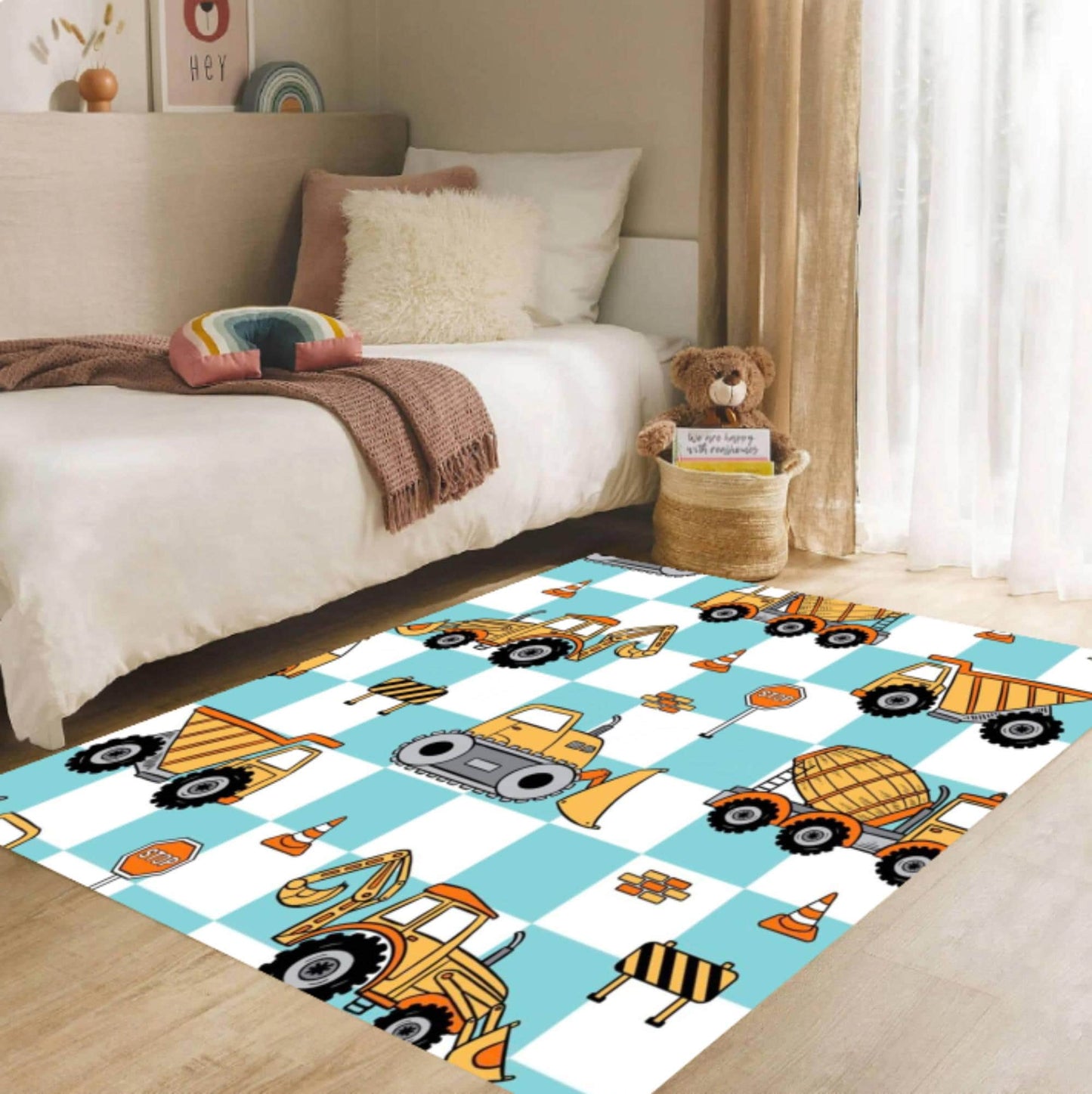 Construction Vehicles Kids Rug, Truck Tractor Digger Playroom Carpet, Boys Nursery Floor Decor, Soft Area Mat, Washable Rug,Non Slip Backing