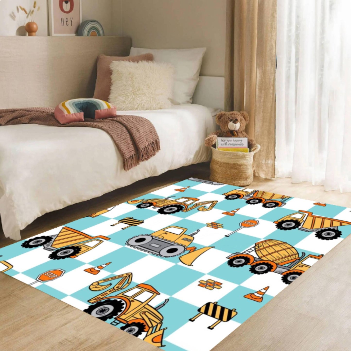 Construction Vehicles Kids Rug - Truck, Tractor & Excavator Playroom Decor Rug
