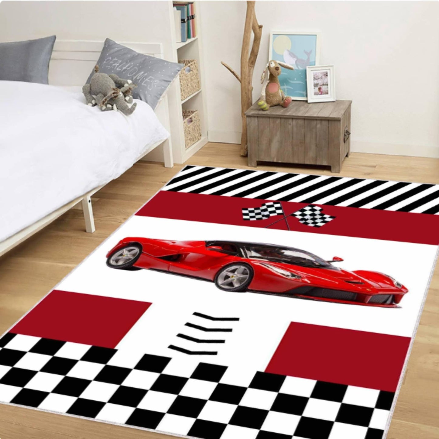 Red Supercar Kids Rug Washable Non-slip Playroom Rug Race