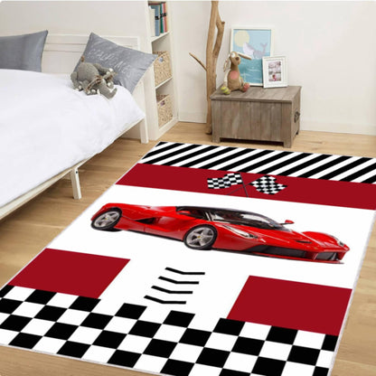 Red Supercar Kids Rug Washable Non-slip Playroom Rug Race