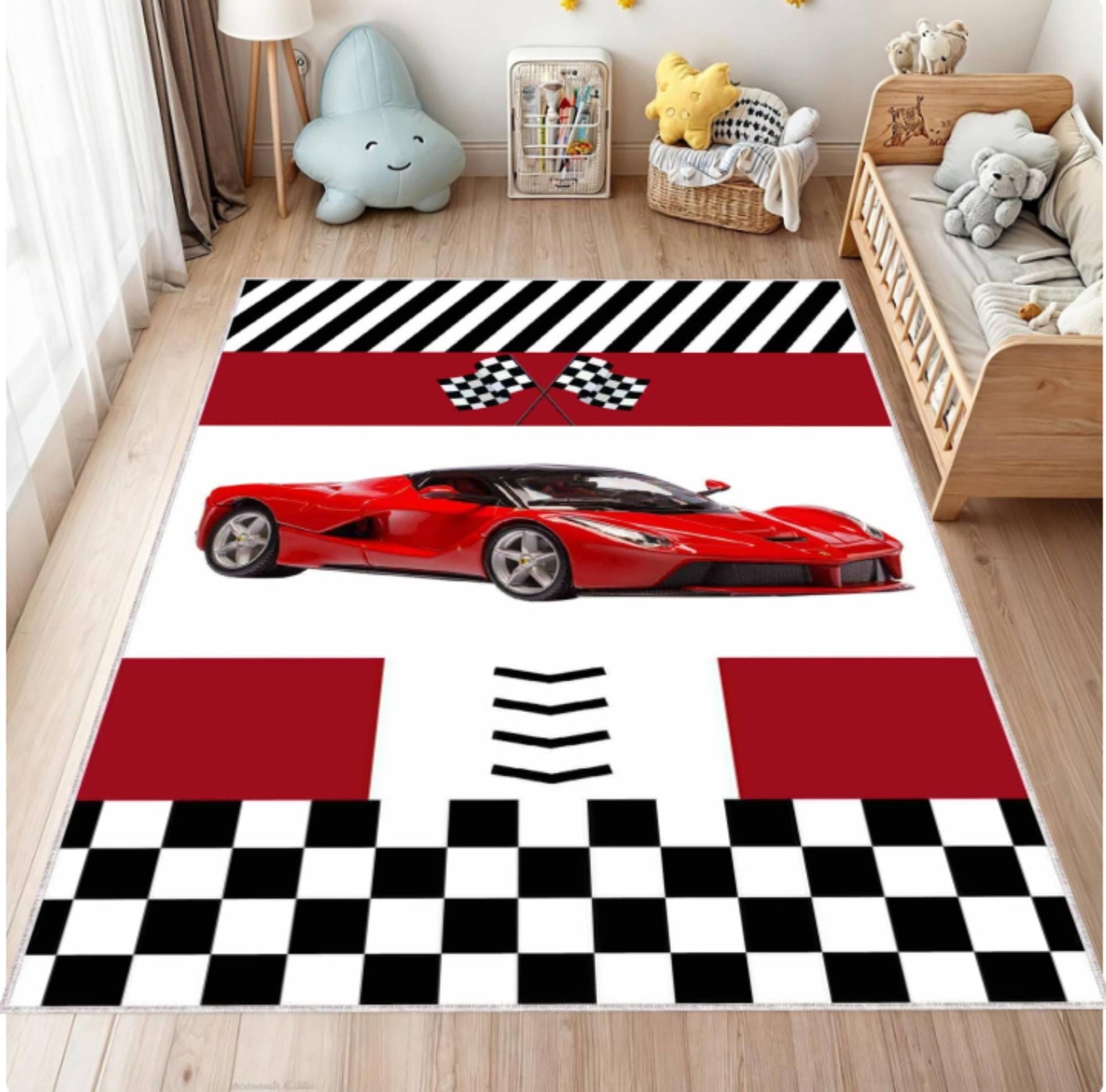 Children's room with a red sports car rug featuring checkered flags.