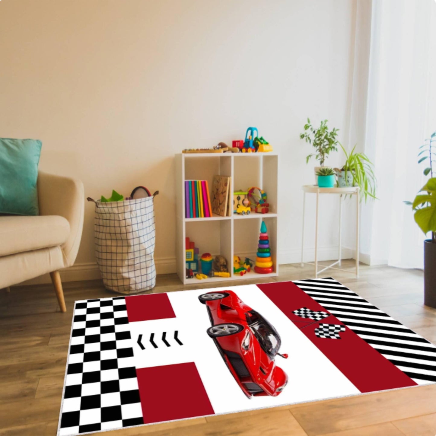 Red Supercar Kids Rug, Race Track Car Theme Carpet, Washable Non Slip Playroom Rug, Racing Nursery Decor, Checkered Flag Boys Room Mat