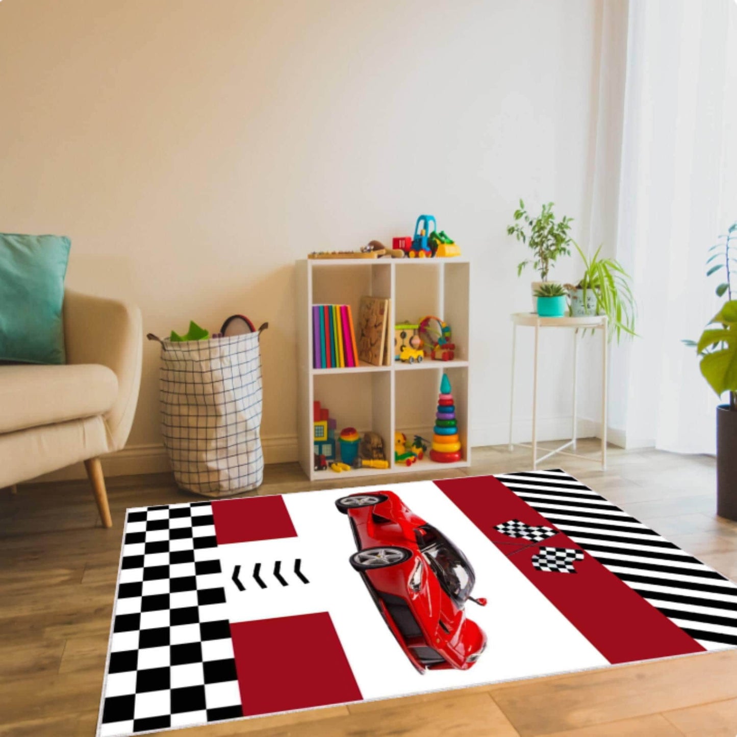 Red Supercar Kids Rug Washable Non-slip Playroom Rug Race