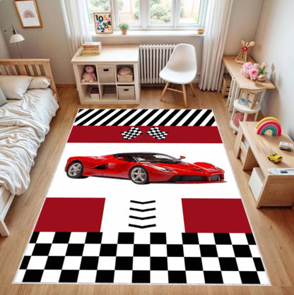Red Supercar Kids Rug Washable Non-slip Playroom Rug Race