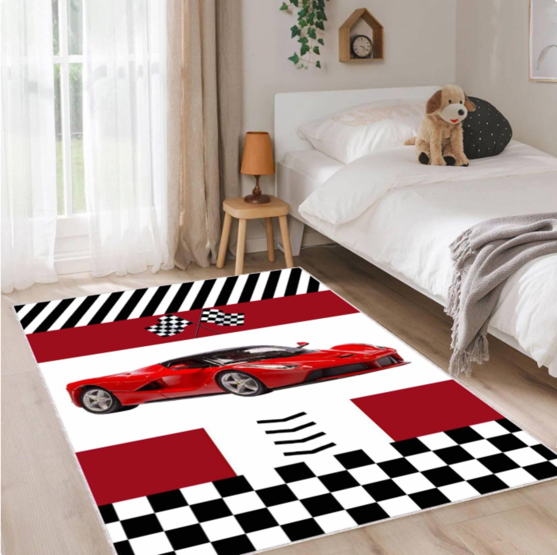 Red Supercar Kids Rug, Race Track Car Theme Carpet, Washable Non Slip Playroom Rug, Racing Nursery Decor, Checkered Flag Boys Room Mat
