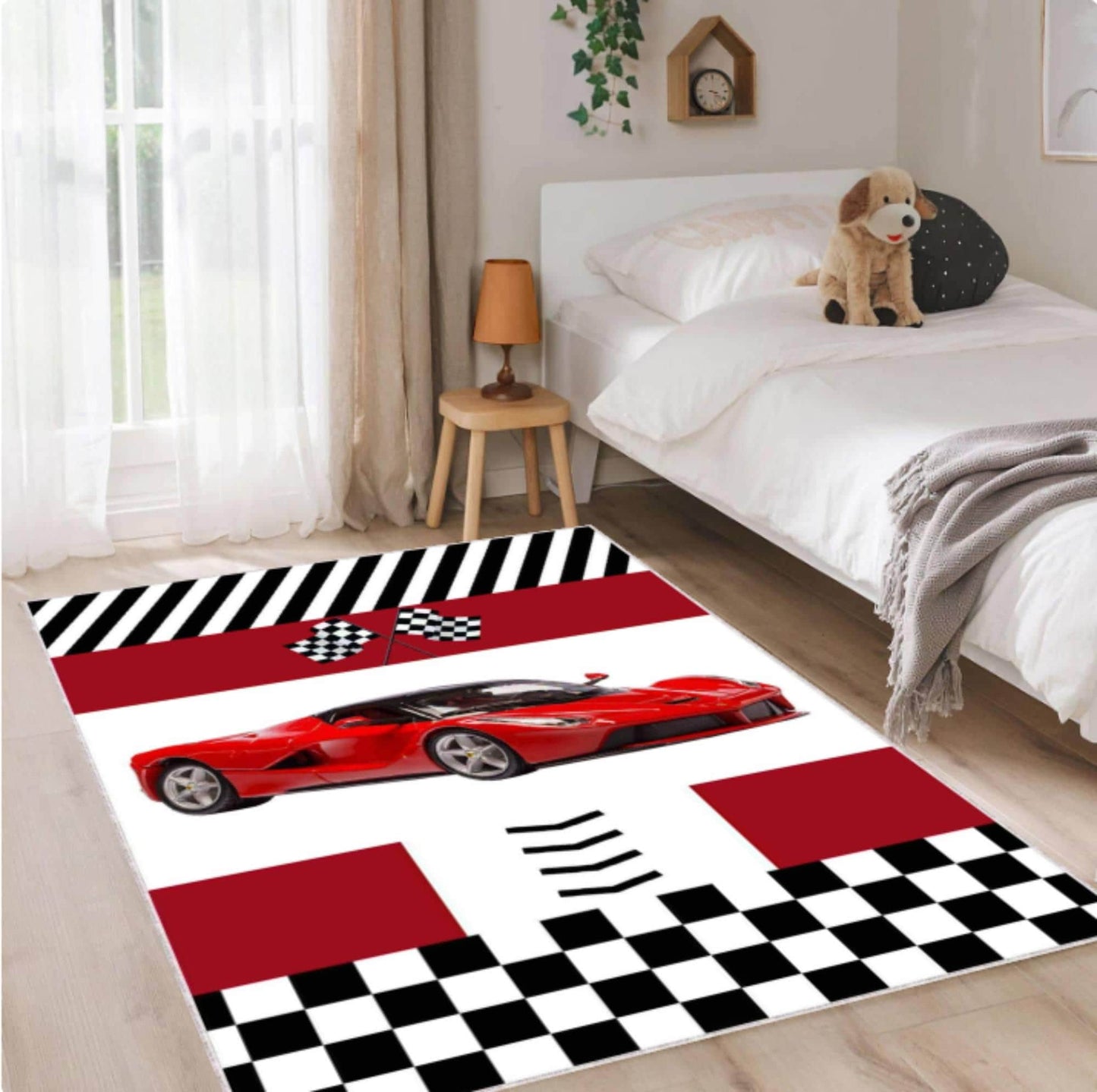 Red Supercar Kids Rug Washable Non-slip Playroom Rug Race