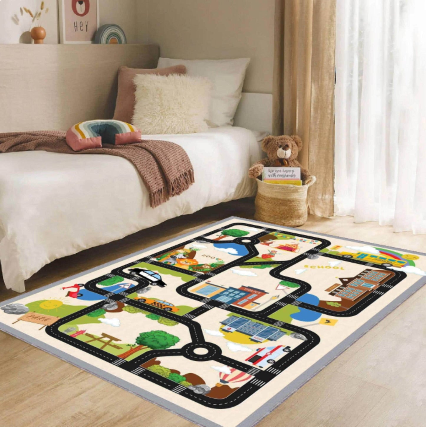 Kids City Road Rug for Bedroom, Educational Traffic Map Carpet, Washable Non Slip Area Rug, Nursery Decor, Toddler Floor Rug