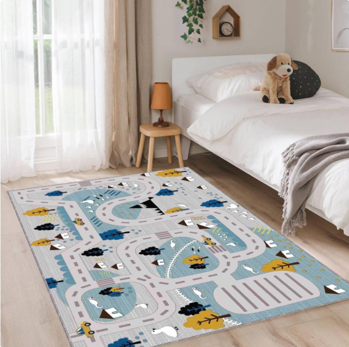 Kids Scenic Road Rug for Bedroom, Modern Traffic Map Nursery Carpet, Washable Non Slip Area Rug, Neutral Kids Room Decor, Toddler Floor Rug