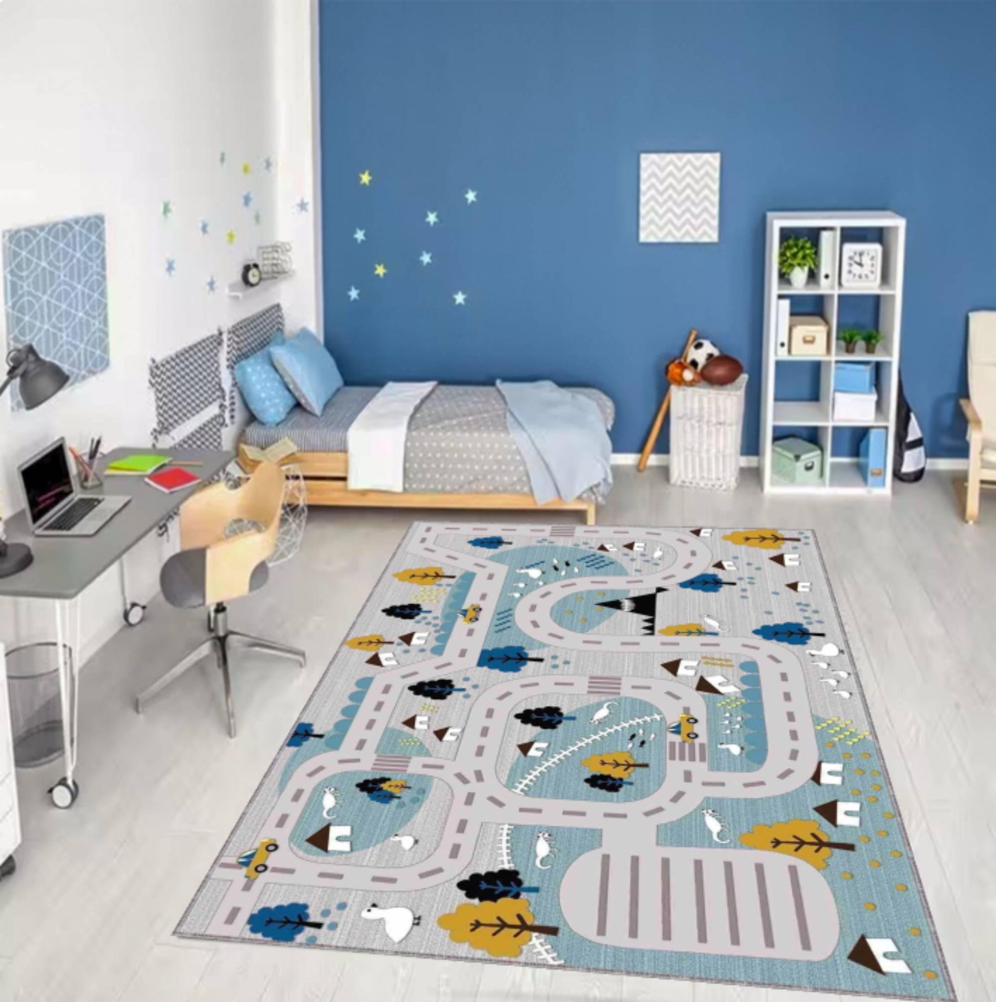 Kids Scenic Road Rug for Bedroom, Modern Traffic Map Nursery Carpet, Washable Non Slip Area Rug, Neutral Kids Room Decor, Toddler Floor Rug