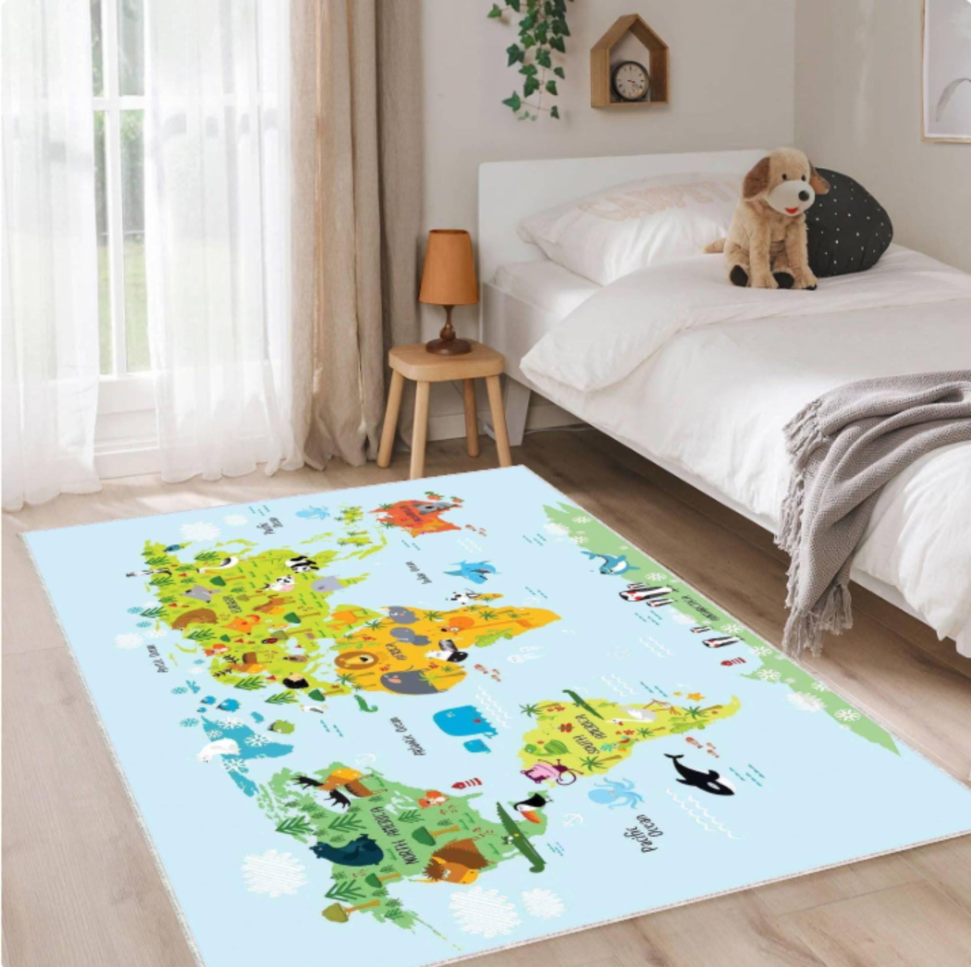 Kids World Map Rug with Animals, Educational Nursery Area Carpet, Washable rug, Non Slip Kids Rug, Montessori Inspired Bedroom Decor