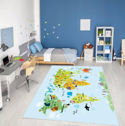 Kids World Map Rug with Animals, Educational Nursery Area Carpet, Washable rug, Non Slip Kids Rug, Montessori Inspired Bedroom Decor