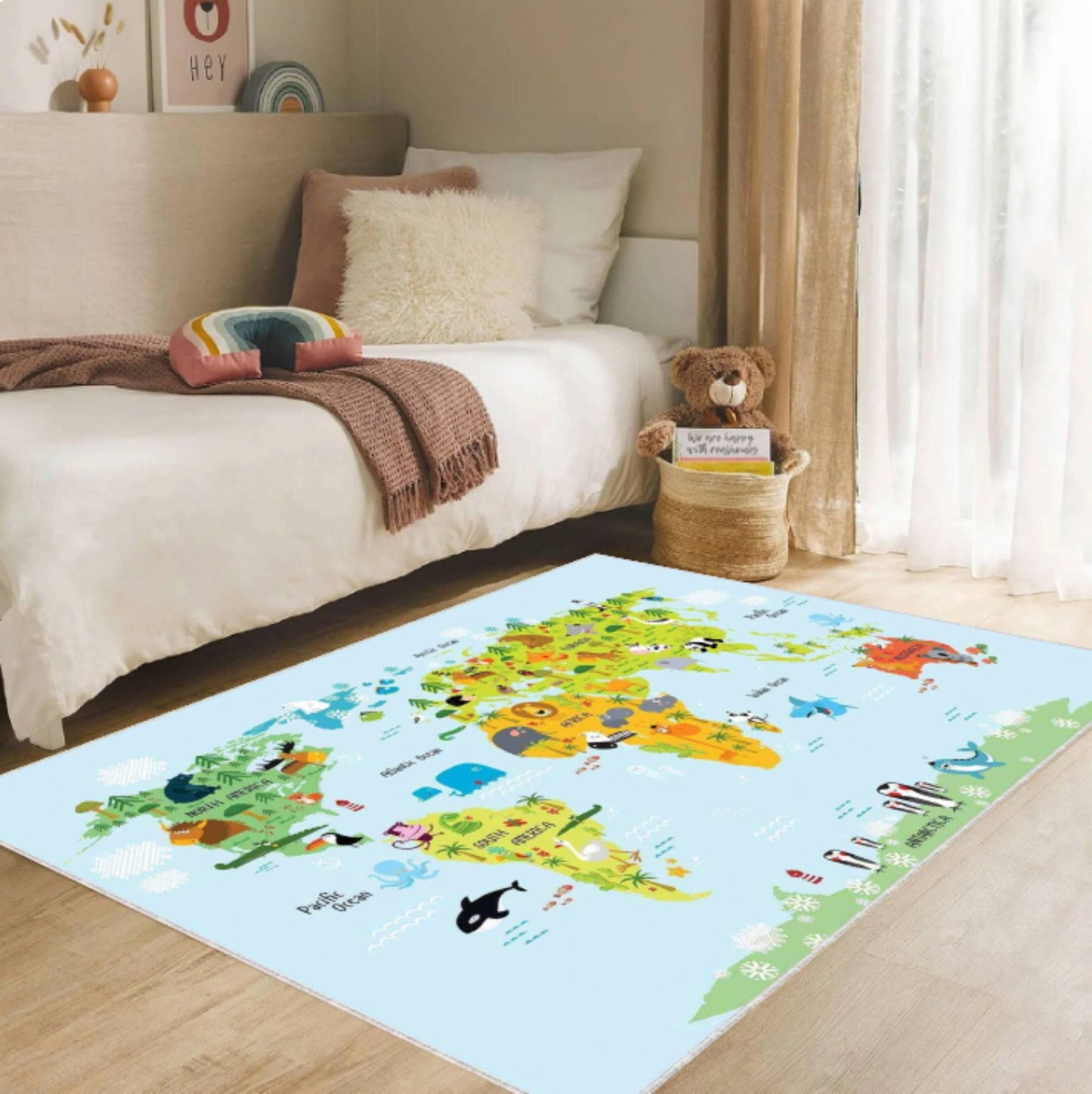 Kids World Map Rug with Animals, Educational Nursery Area Carpet, Washable rug, Non Slip Kids Rug, Montessori Inspired Bedroom Decor