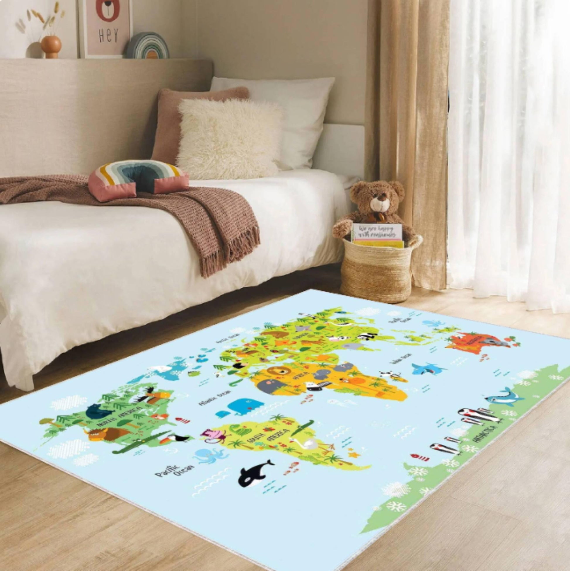 Kids World Map Rug with Animals, Educational Nursery Area Carpet, Washable rug, Non Slip Kids Rug, Montessori Inspired Bedroom Decor