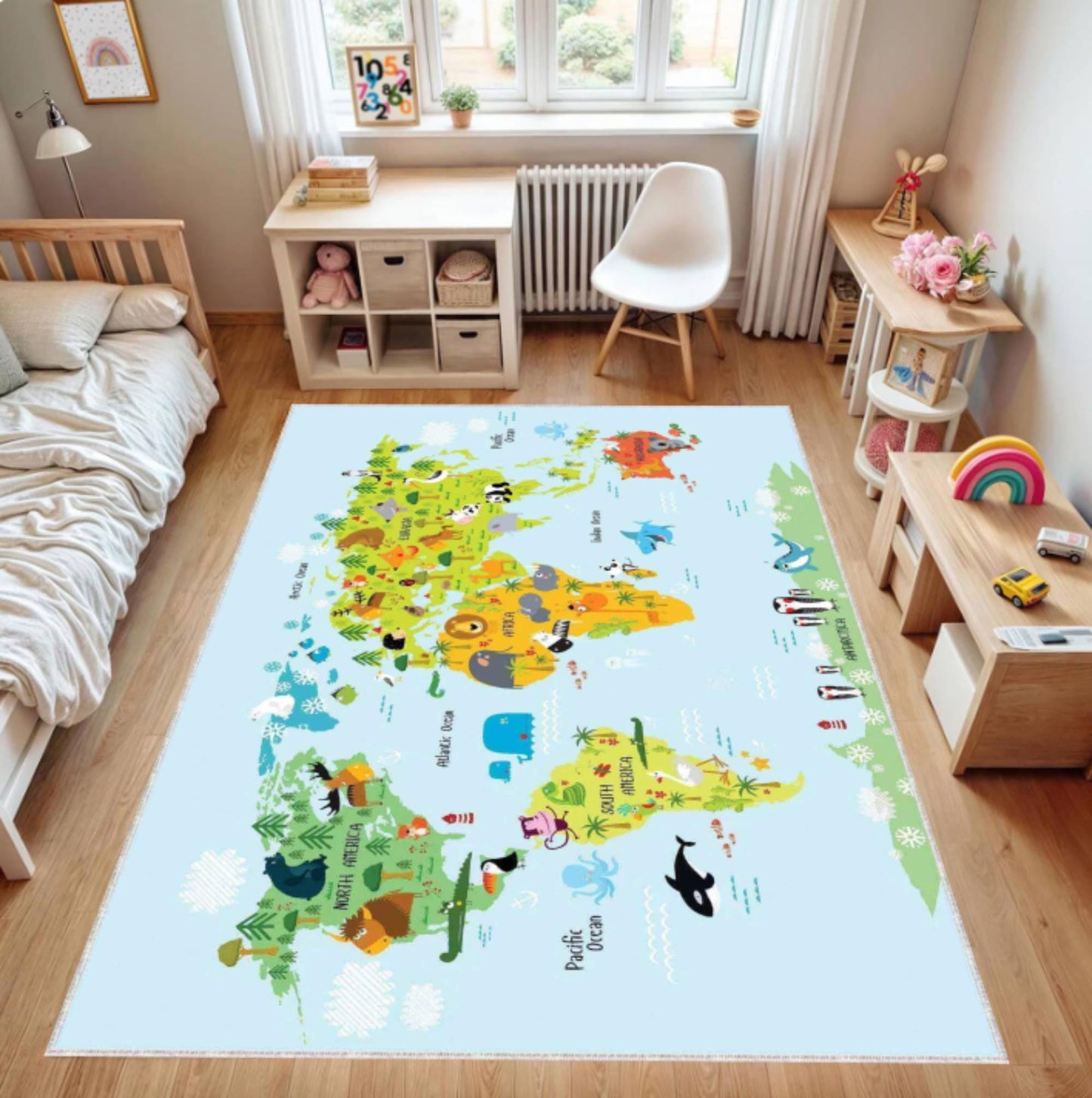 Kids World Map Rug with Animals, Educational Nursery Area Carpet, Washable rug, Non Slip Kids Rug, Montessori Inspired Bedroom Decor
