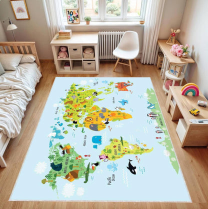 Kids World Map Rug with Animals, Educational Nursery Area Carpet, Washable rug, Non Slip Kids Rug, Montessori Inspired Bedroom Decor