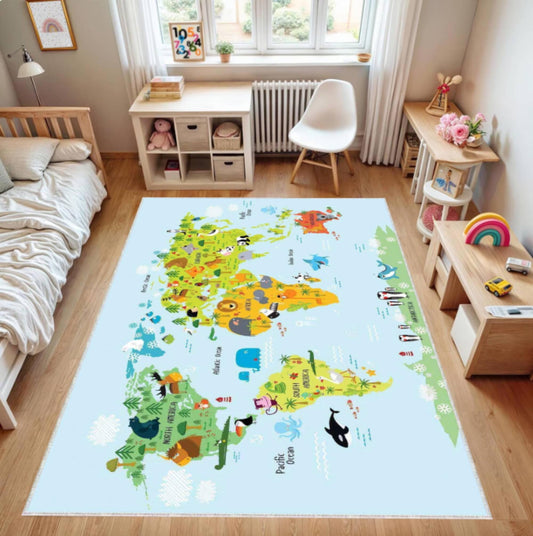 Kids World Map Rug with Animals, Educational Nursery Area Carpet, Washable rug, Non Slip Kids Rug, Montessori Inspired Bedroom Decor