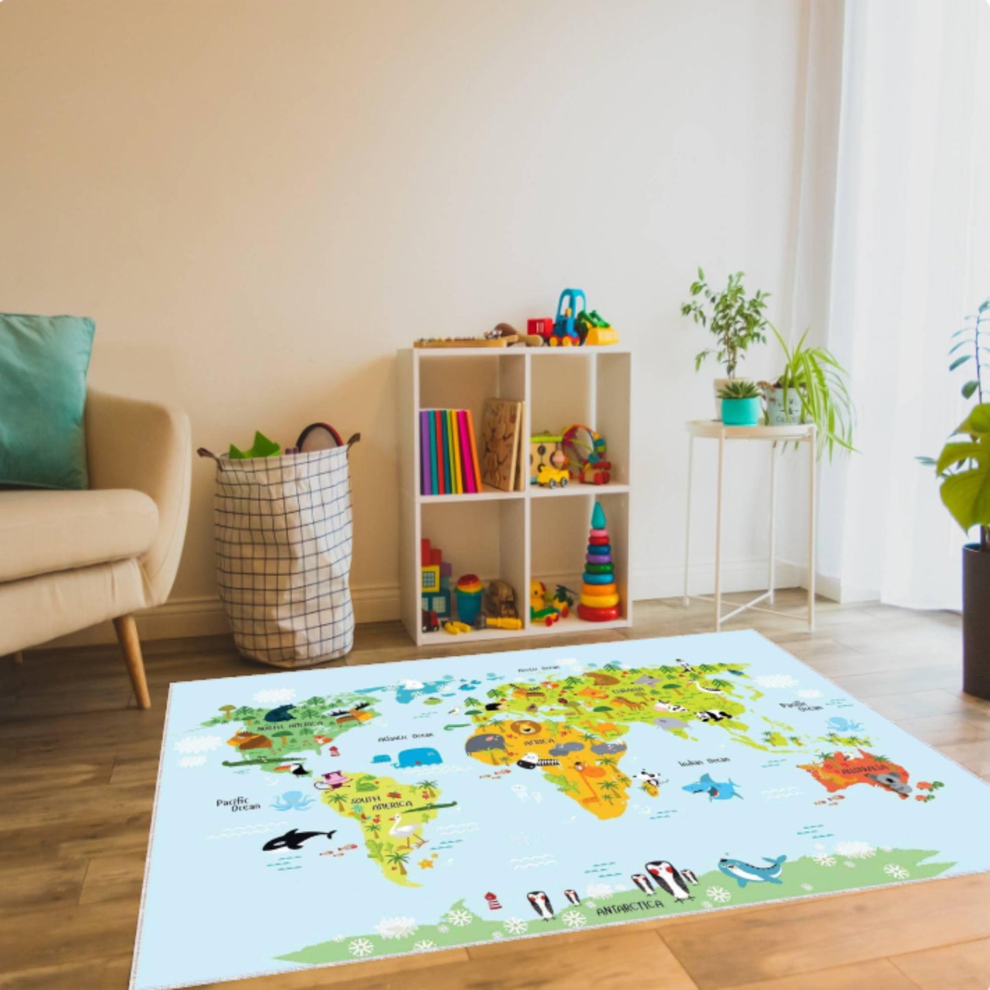 Kids World Map Rug with Animals, Educational Nursery Area Carpet, Washable rug, Non Slip Kids Rug, Montessori Inspired Bedroom Decor