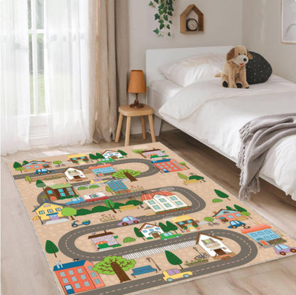 Cute Houses City Road Kids Rug | Washable Playroom Carpet
